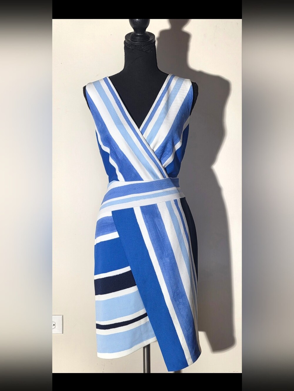 Donna Morgan Blue & White Striped Asymmetrical V-Neck Wrap Dress (Size 8)